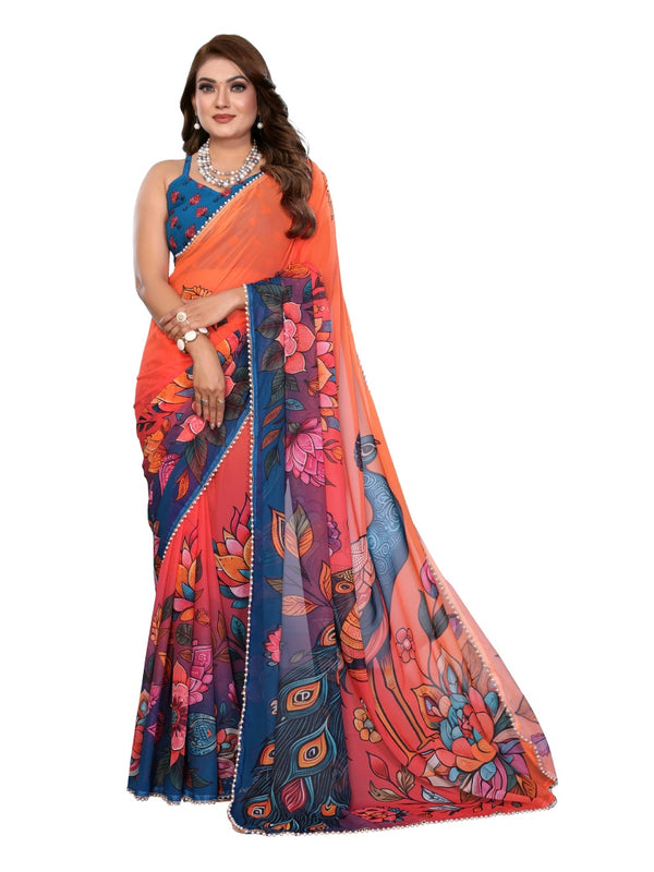 Digital Printed Georgette Saree with Moti Lace
