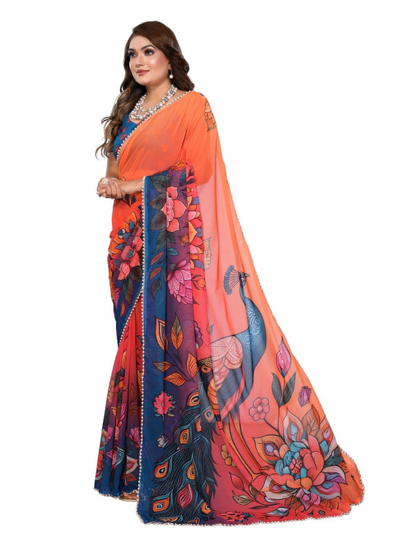Digital Printed Georgette Saree with Moti Lace