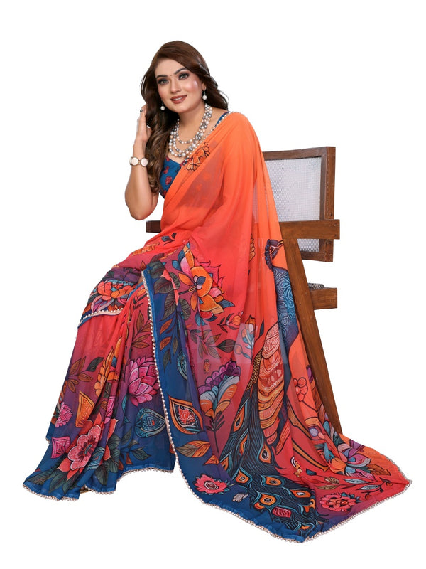 Digital Printed Georgette Saree with Moti Lace