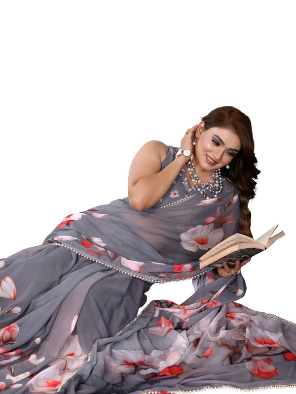 Digital Printed Georgette Saree with Moti Lace