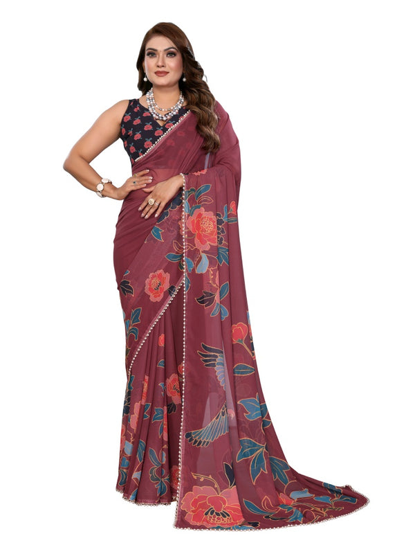Digital Printed Georgette Saree with Moti Lace