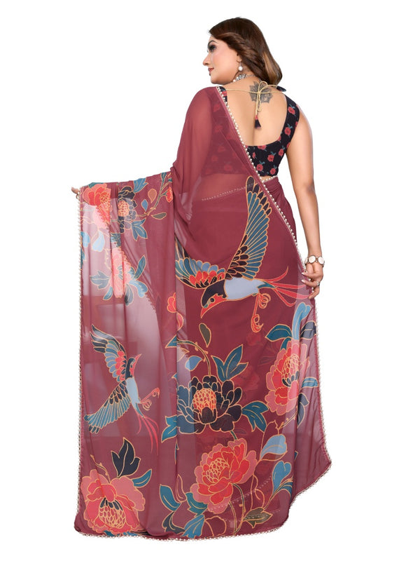 Digital Printed Georgette Saree with Moti Lace