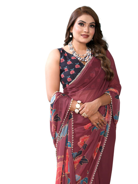 Digital Printed Georgette Saree with Moti Lace