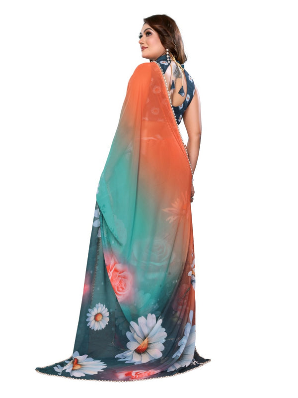Digital Printed Georgette Saree with Moti Lace