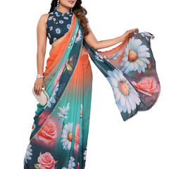 Digital Printed Georgette Saree with Moti Lace