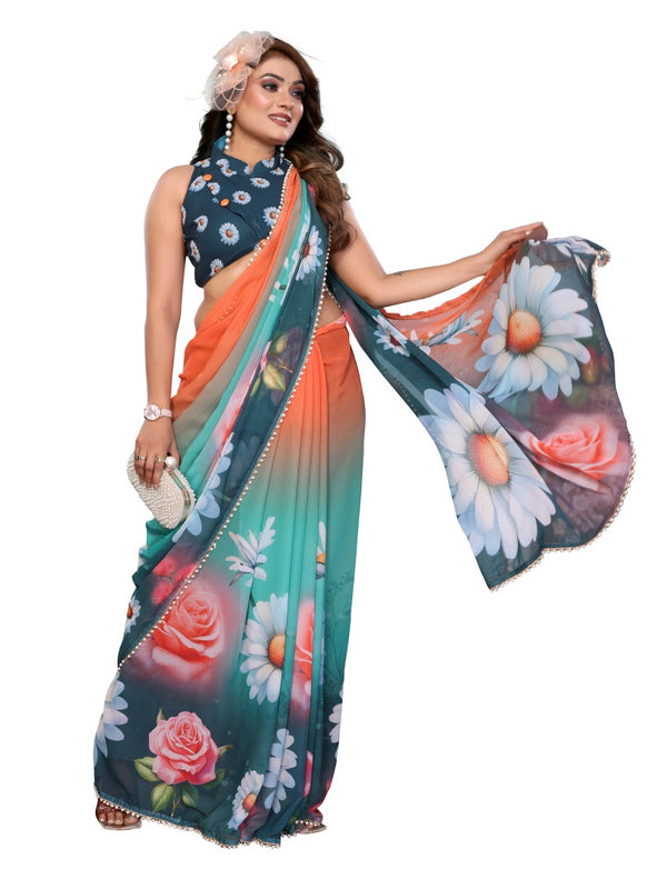 Digital Printed Georgette Saree with Moti Lace