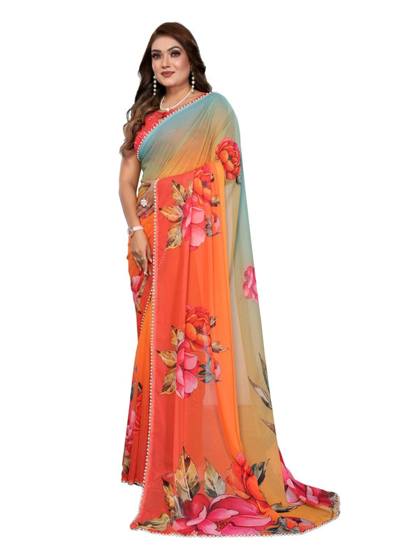 Digital Printed Georgette Saree with Moti Lace