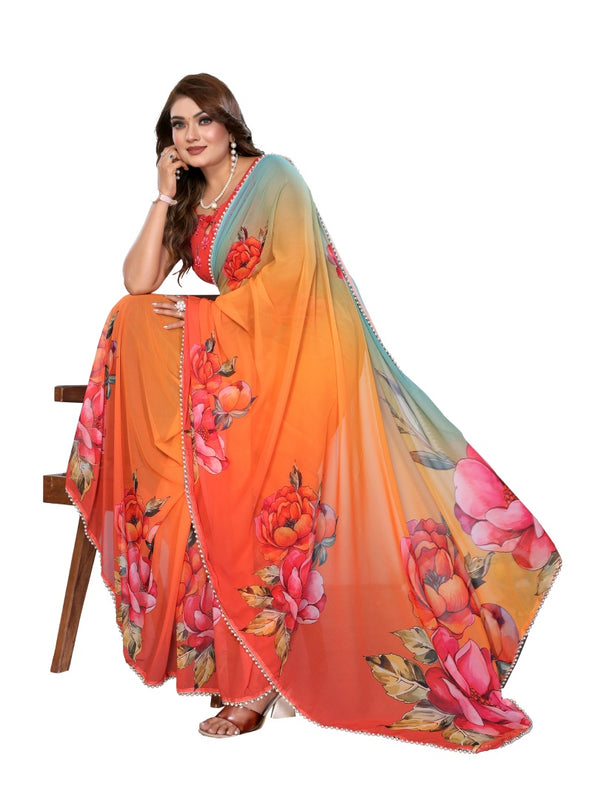 Digital Printed Georgette Saree with Moti Lace