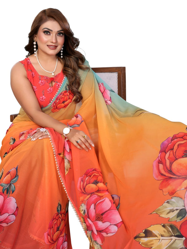 Digital Printed Georgette Saree with Moti Lace
