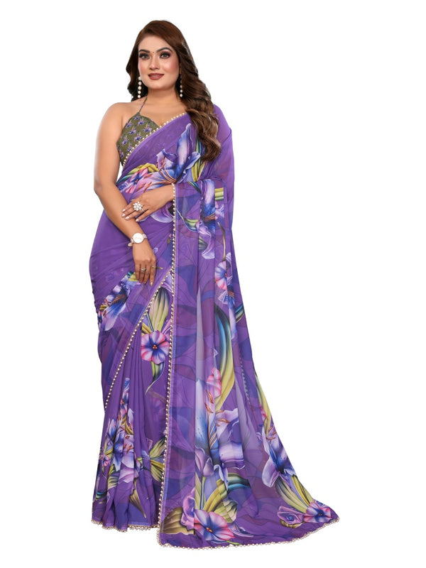 Digital Printed Georgette Saree with Moti Lace