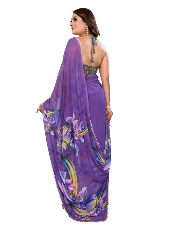 Digital Printed Georgette Saree with Moti Lace