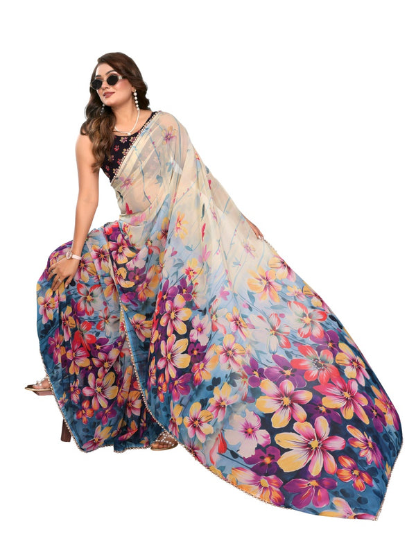 Digital Printed Georgette Saree with Moti Lace