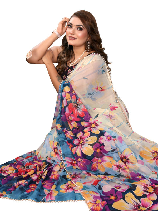 Digital Printed Georgette Saree with Moti Lace