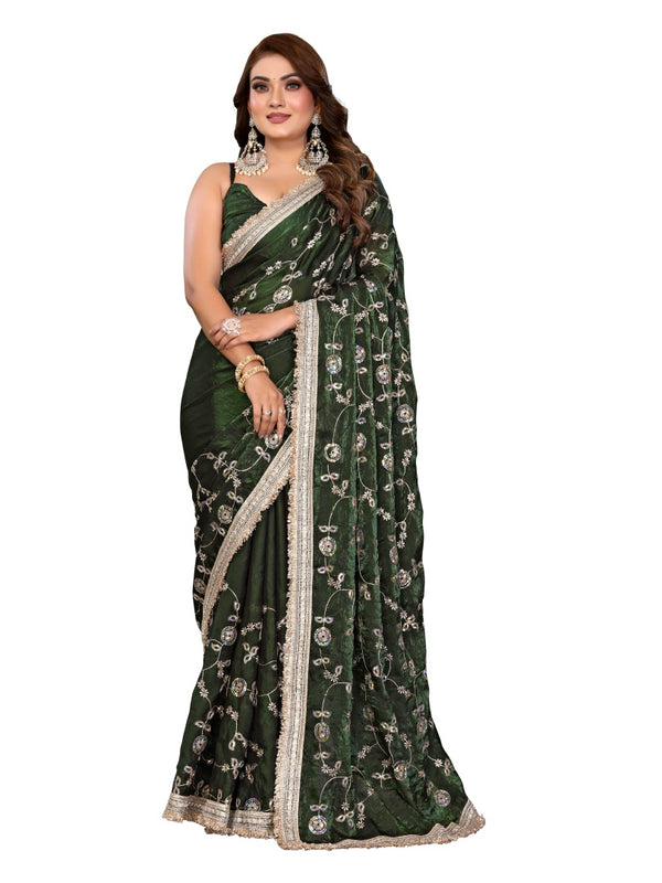 Women's Embroidered Silk Satin Saree with Blouse