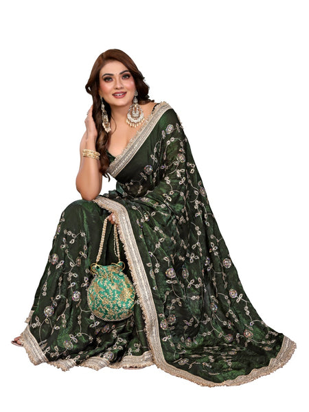 Women's Embroidered Silk Satin Saree with Blouse