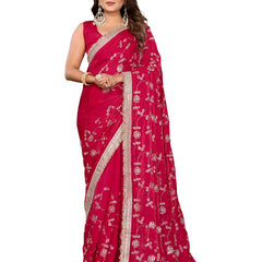 Women's Embroidered Silk Satin Saree with Blouse