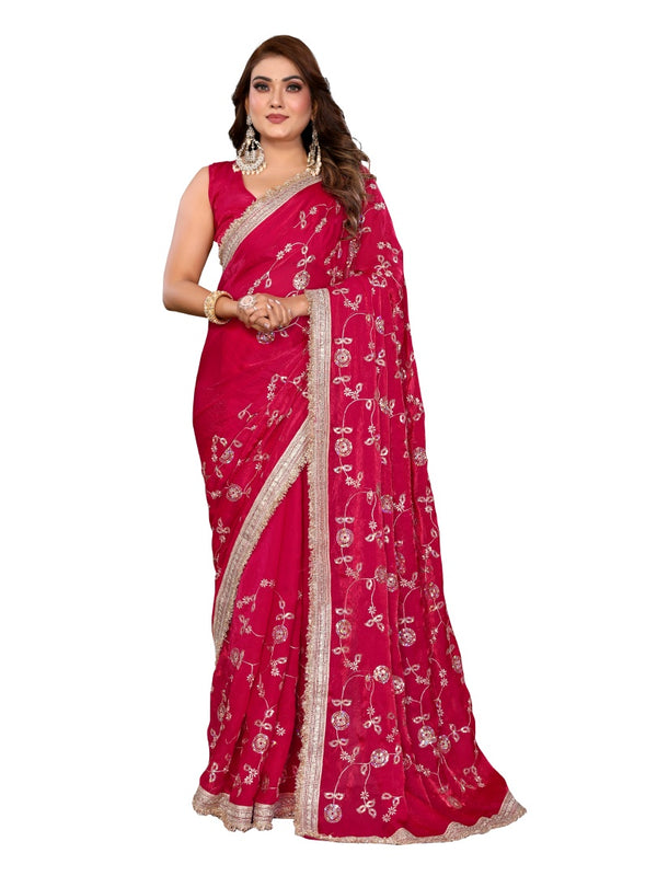Women's Embroidered Silk Satin Saree with Blouse