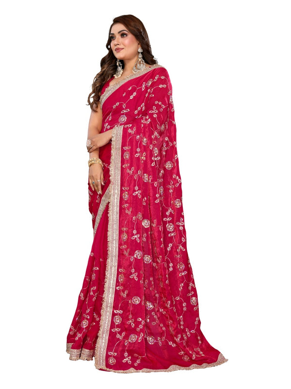 Women's Embroidered Silk Satin Saree with Blouse