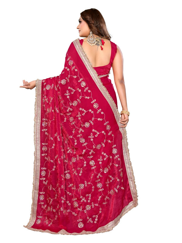 Women's Embroidered Silk Satin Saree with Blouse