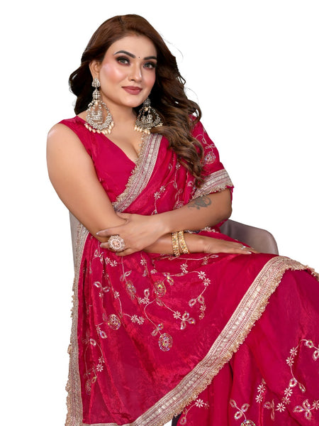 Women's Embroidered Silk Satin Saree with Blouse