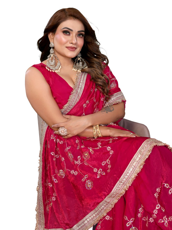 Women's Embroidered Silk Satin Saree with Blouse