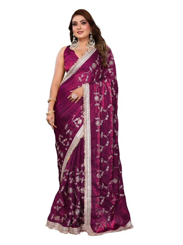 Women's Embroidered Silk Satin Saree with Blouse