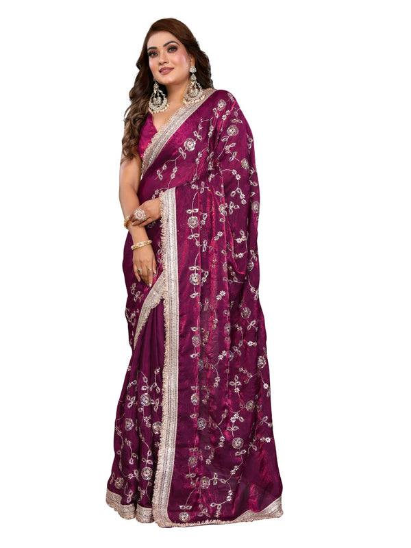 Women's Embroidered Silk Satin Saree with Blouse