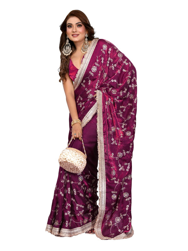 Women's Embroidered Silk Satin Saree with Blouse