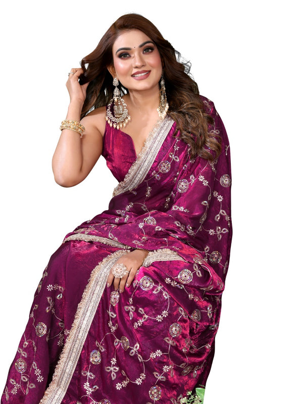 Women's Embroidered Silk Satin Saree with Blouse