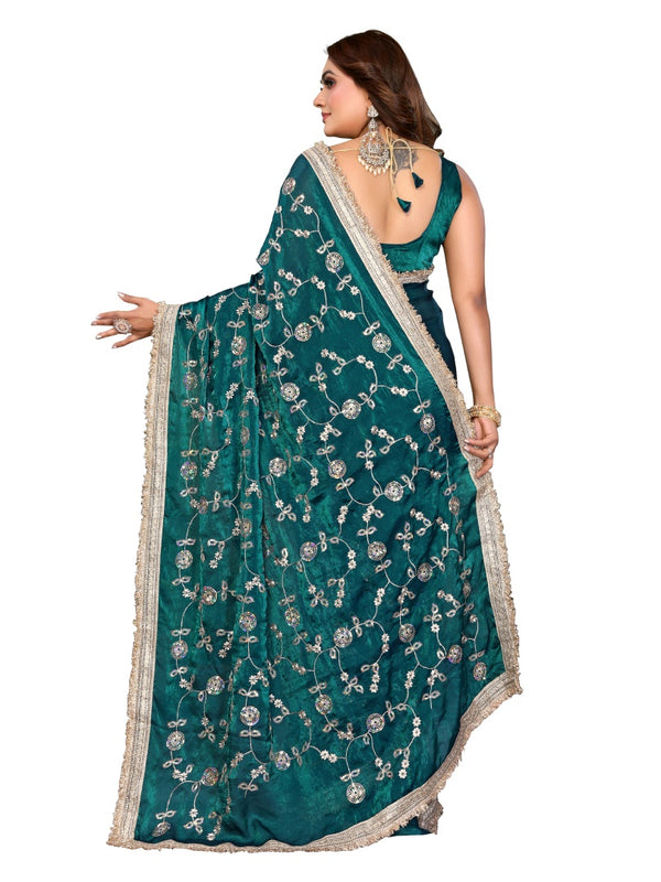 Women's Embroidered Silk Satin Saree with Blouse