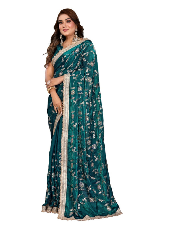 Women's Embroidered Silk Satin Saree with Blouse