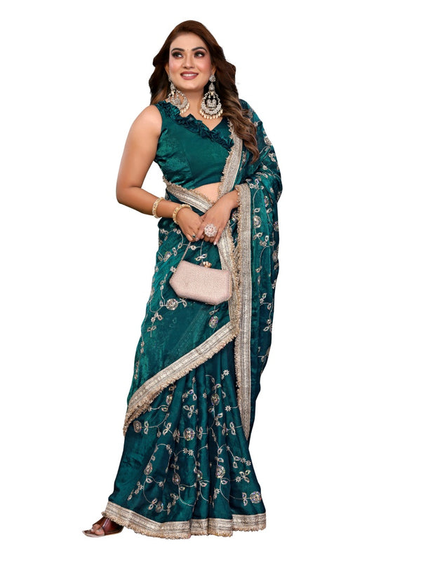 Women's Embroidered Silk Satin Saree with Blouse