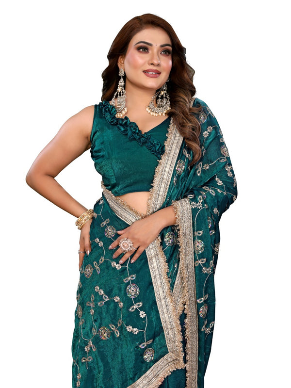 Women's Embroidered Silk Satin Saree with Blouse