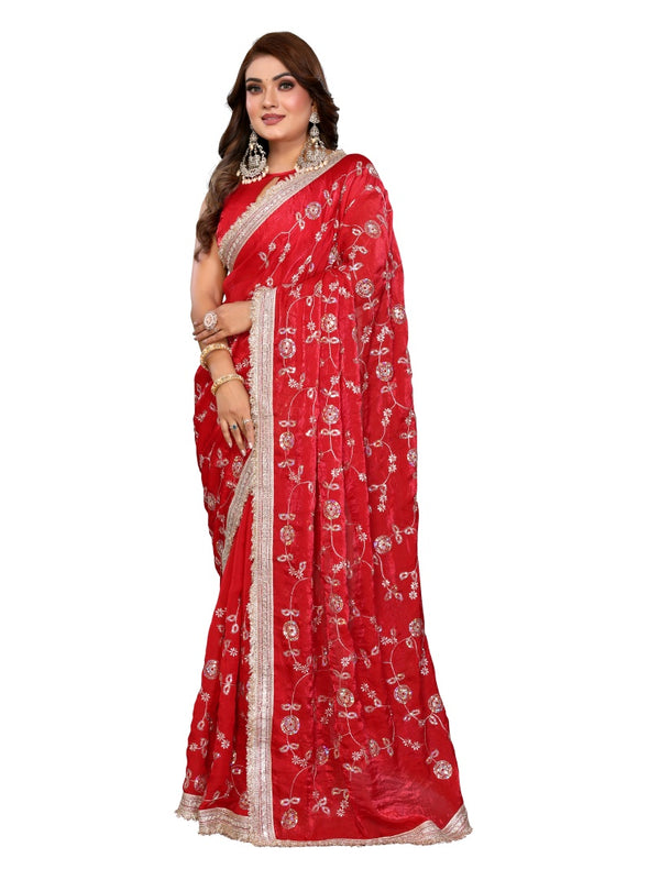 Women's Embroidered Silk Satin Saree with Blouse