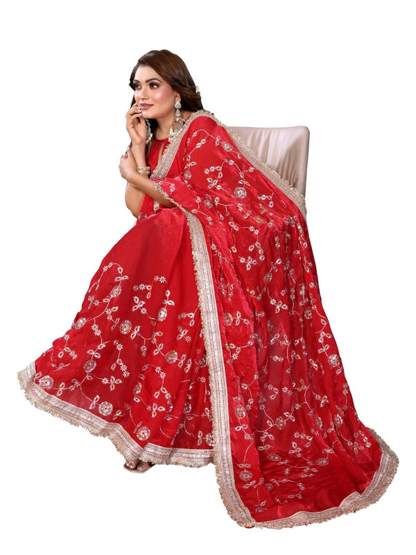 Women's Embroidered Silk Satin Saree with Blouse