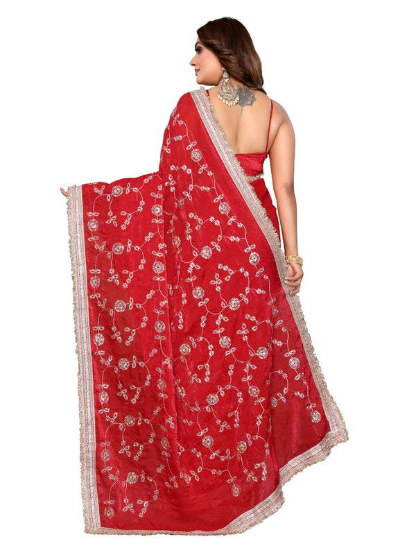 Women's Embroidered Silk Satin Saree with Blouse