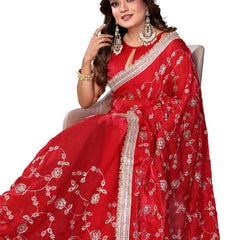 Women's Embroidered Silk Satin Saree with Blouse