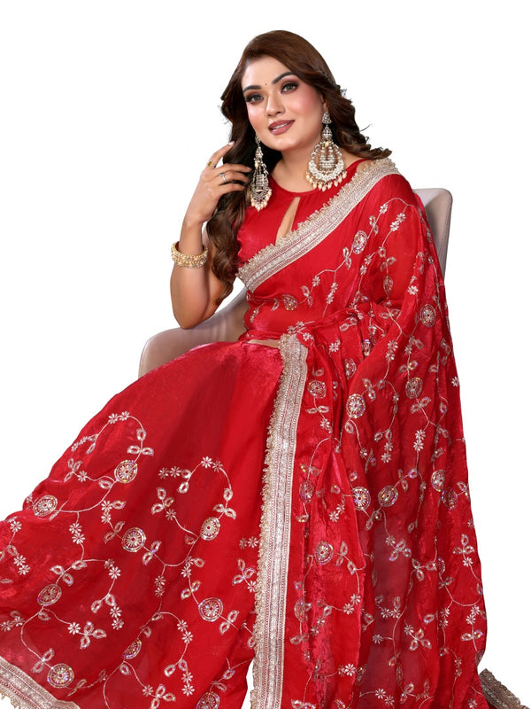 Women's Embroidered Silk Satin Saree with Blouse