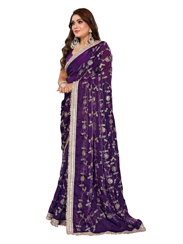 Women's Embroidered Silk Satin Saree with Blouse