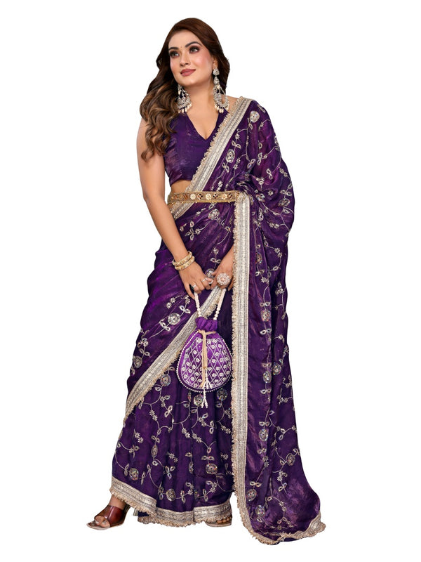 Women's Embroidered Silk Satin Saree with Blouse