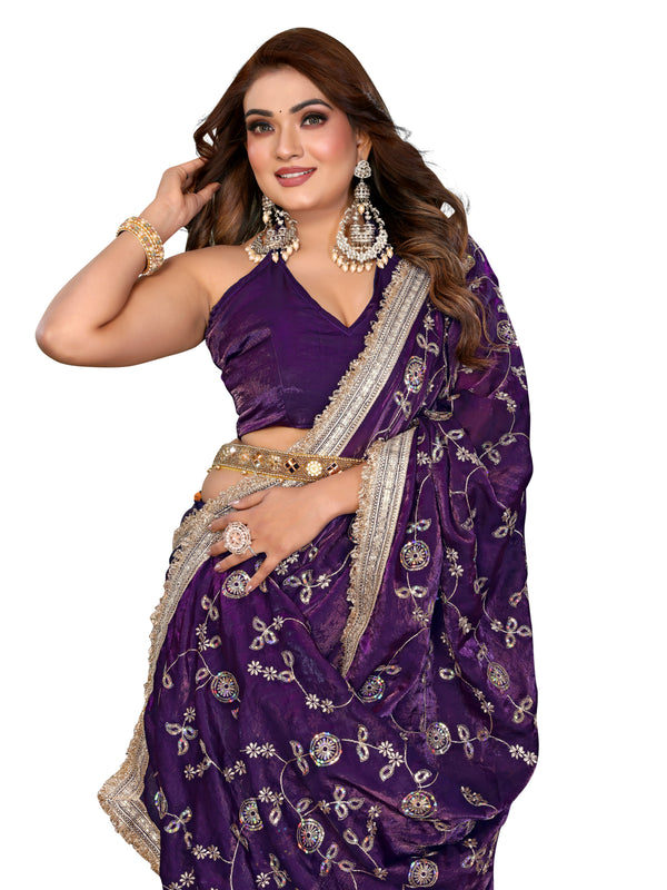 Women's Embroidered Silk Satin Saree with Blouse