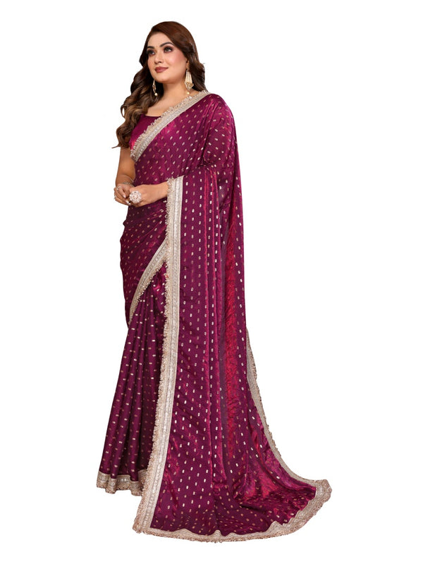 Foil Work Silk Satin Saree with Designer Lace