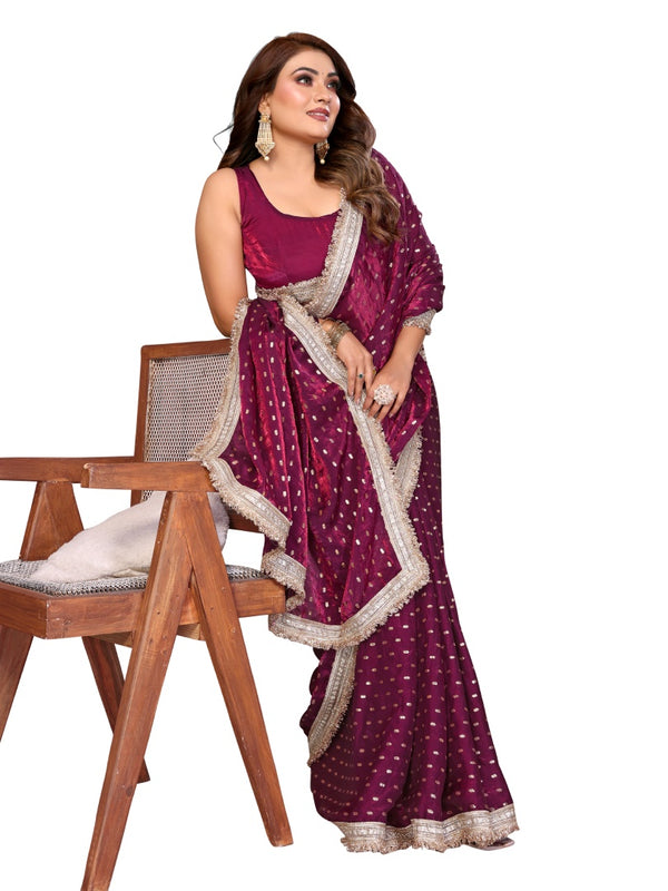 Foil Work Silk Satin Saree with Designer Lace