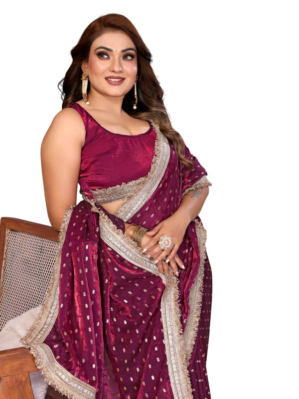 Foil Work Silk Satin Saree with Designer Lace