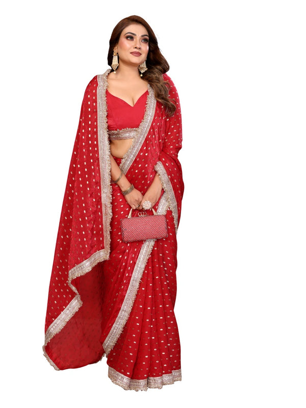 Foil Work Silk Satin Saree with Designer Lace