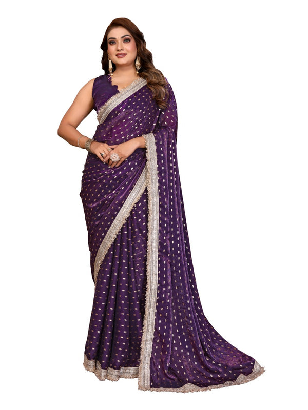 Foil Work Silk Satin Saree with Designer Lace