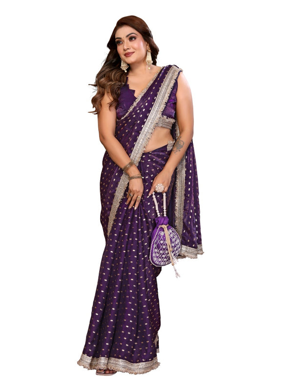 Foil Work Silk Satin Saree with Designer Lace
