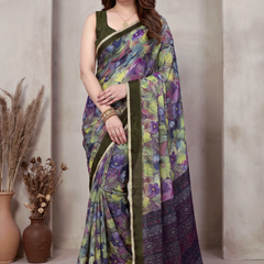 Floral Printed Georgette Saree with Lace Border