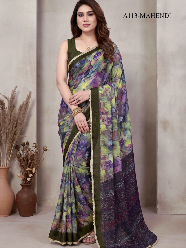 Floral Printed Georgette Saree with Lace Border