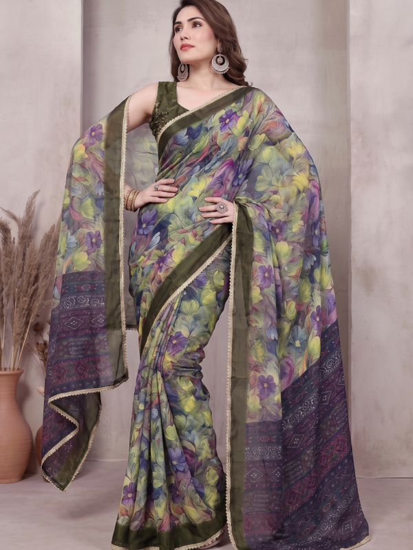 Floral Printed Georgette Saree with Lace Border